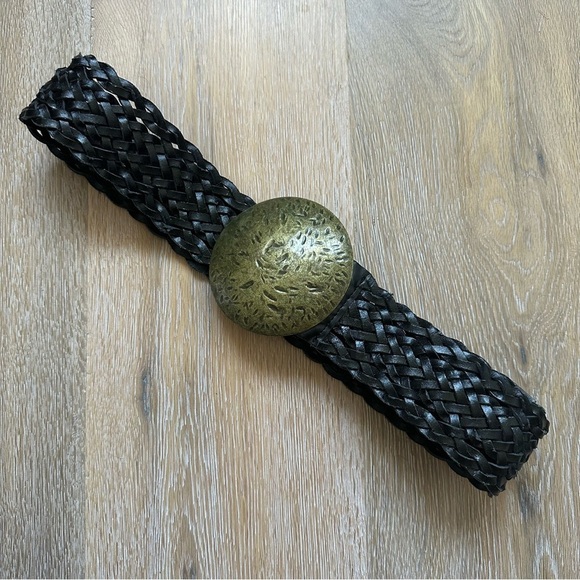 Vintage Y2K Concho Belt Woven Braided Black w/Antique Brass Buckle Boho Chico - Picture 1 of 11